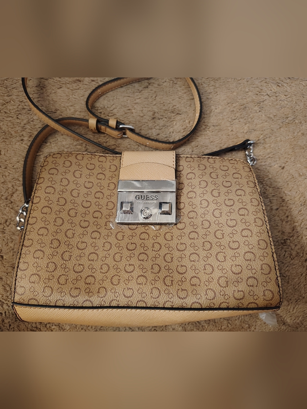 GUESS Beige/Tan Monogram Crossbody with Silver-Tone Lock